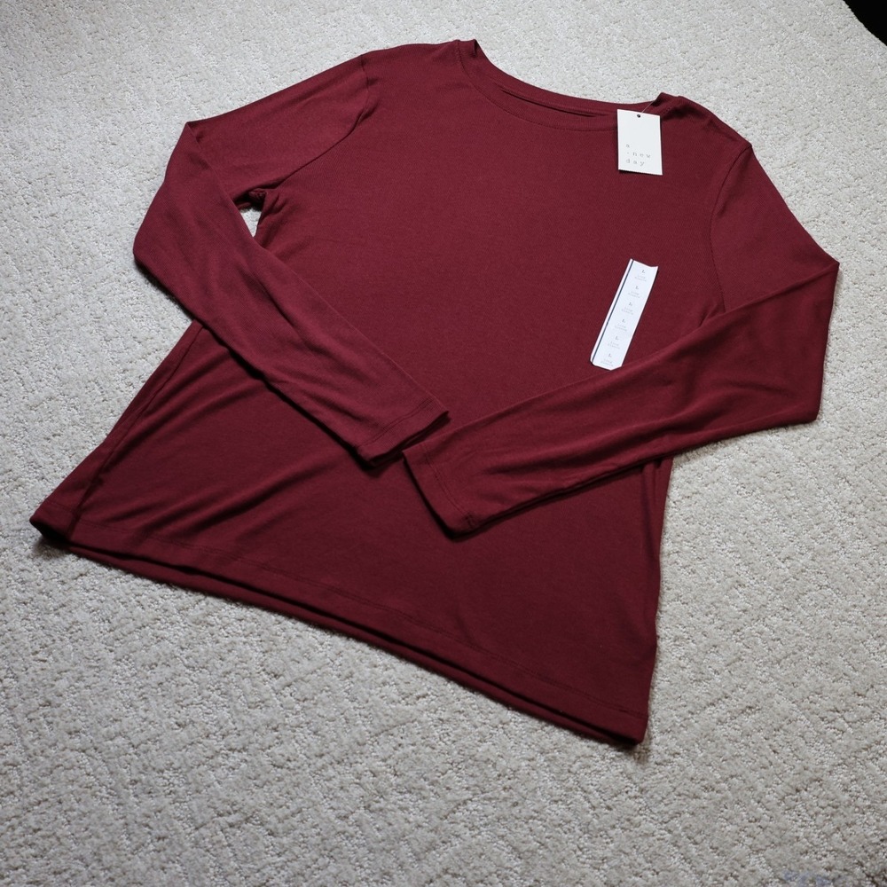 A New Day Womens Maroon Red Ribbed Long Sleeve Crew Neck T-Shirt Size L K82L6W